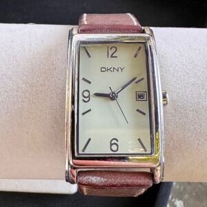 VTG DKNY Quartz Watch Pink Leather Band Rectangle Face Solid Stainless Steel